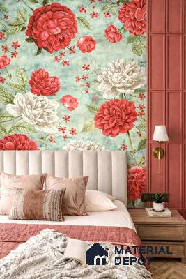 Eclectic bedroom with bold floral wallpaper, blush pink paneling, and beige upholstered headboard